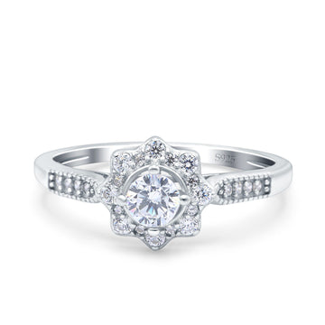 Art Deco Engagement Ring Round Pave Simulated Cubic Zirconia 925 Sterling Silver (7mm)